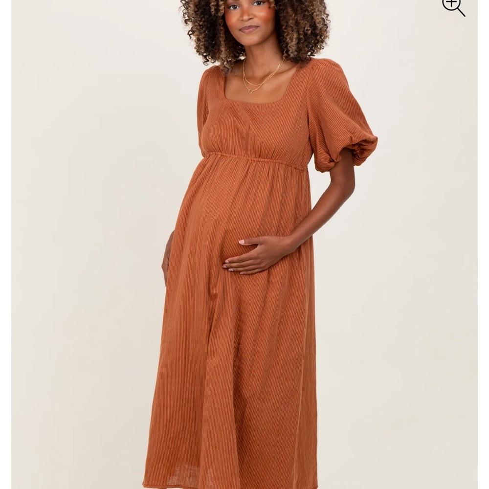 Rust Ribbed Puff Sleeve Tie Back Maternity Midi Dress